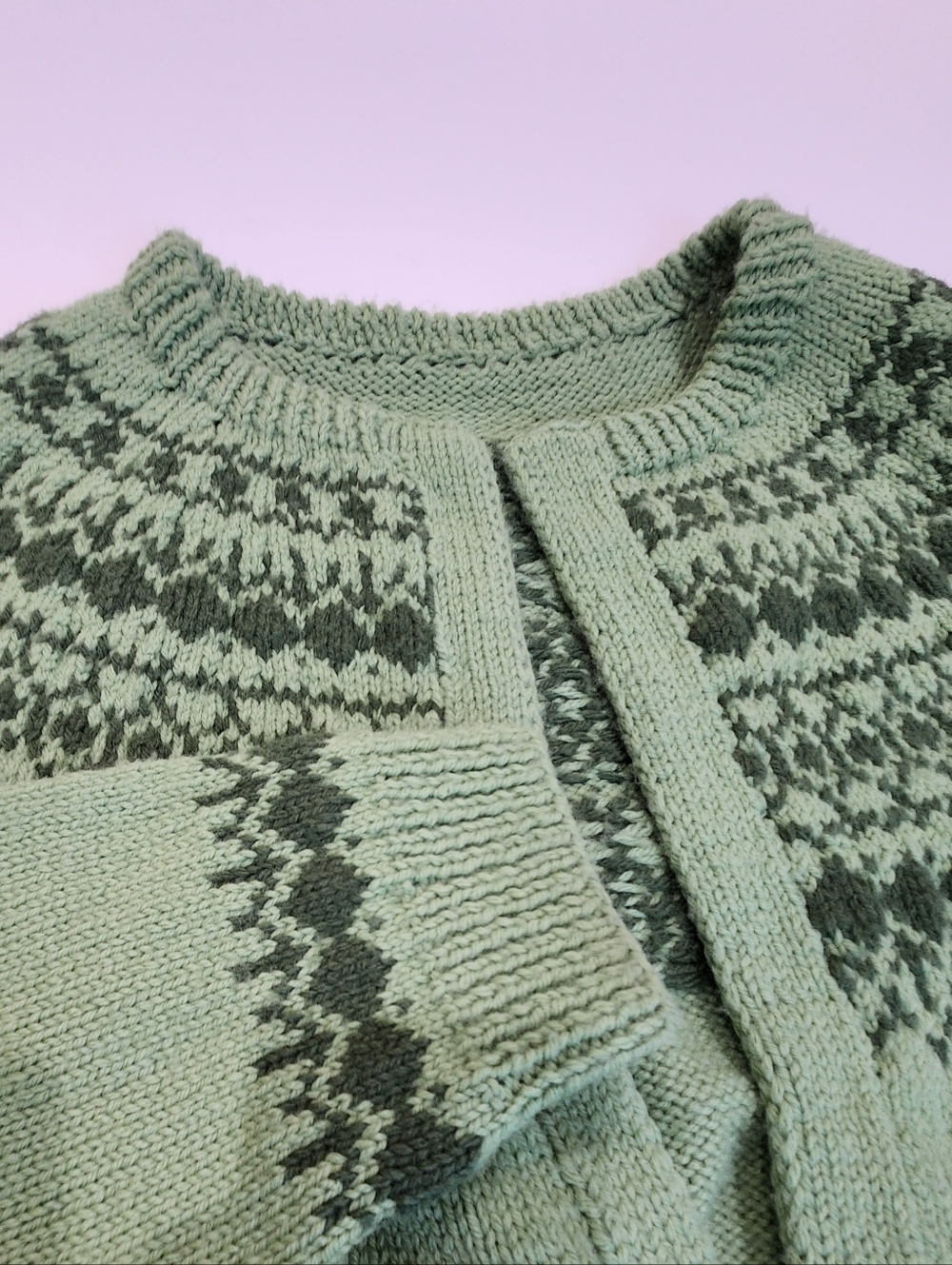 ​Vintage Fair Isle Nordic Handmade Cardigan Sweater Mint Green Women's L - Picture 4 of 5